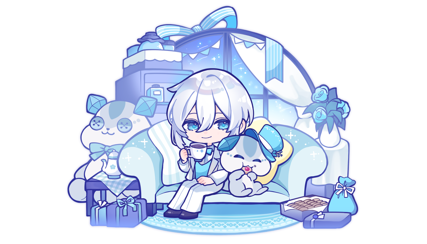 VTuber誕生日グッズ用のパーティー風ヴィネット構図のミニキャライラスト（深田奈那）