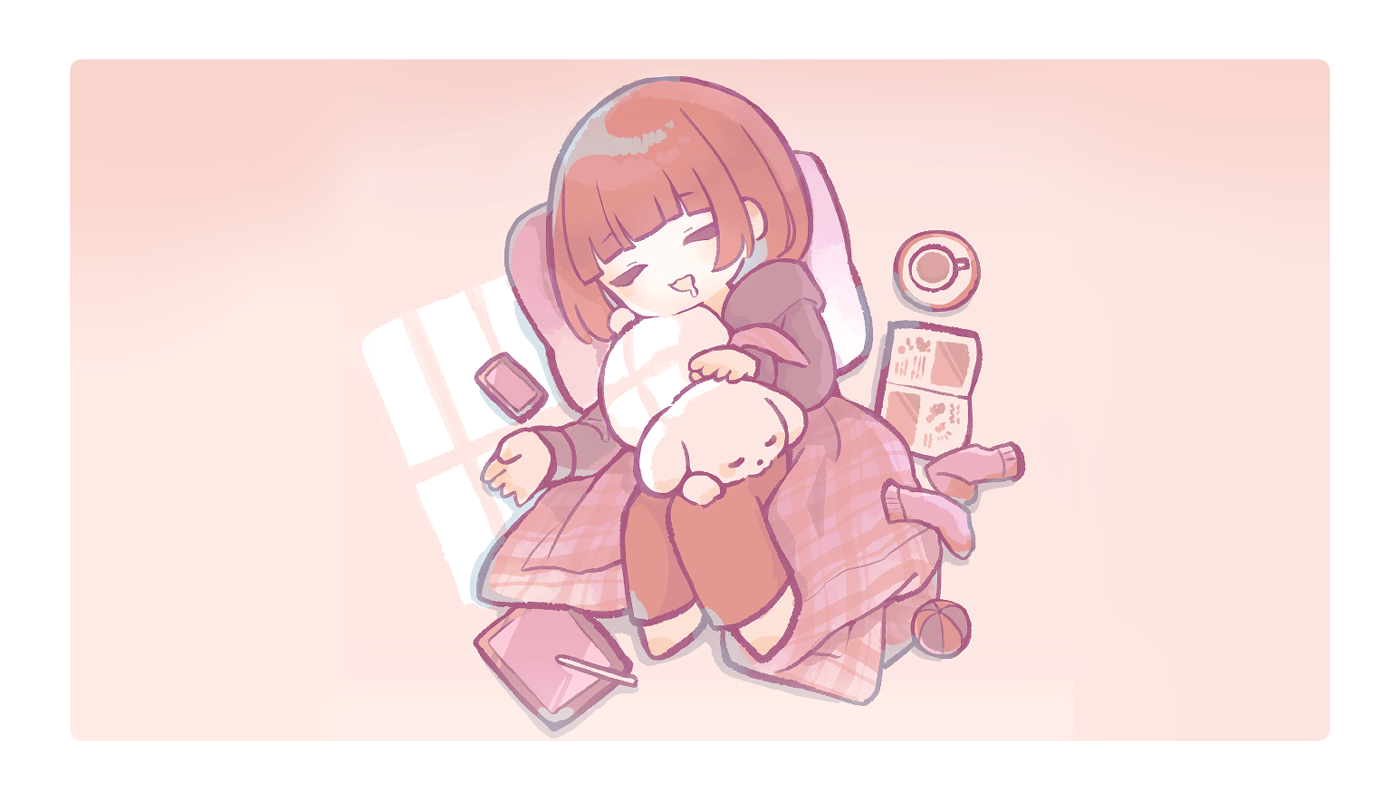 優しい雰囲気の犬と寄り添って眠るゆるかわイラストのカット作品（深田奈那）