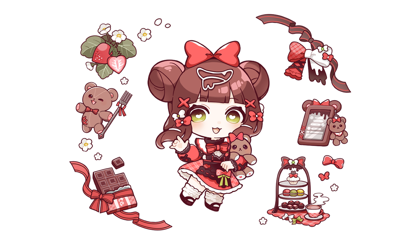 小物とぬいぐるみに囲まれた可愛いミニキャライラストの作品イメージ（深田奈那）