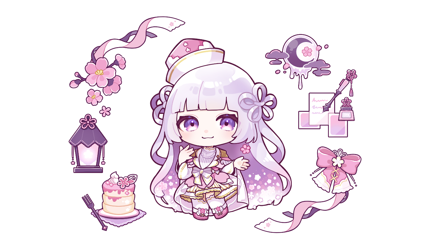 桜モチーフの小物と一緒に描いた春のミニキャライラスト（深田奈那）