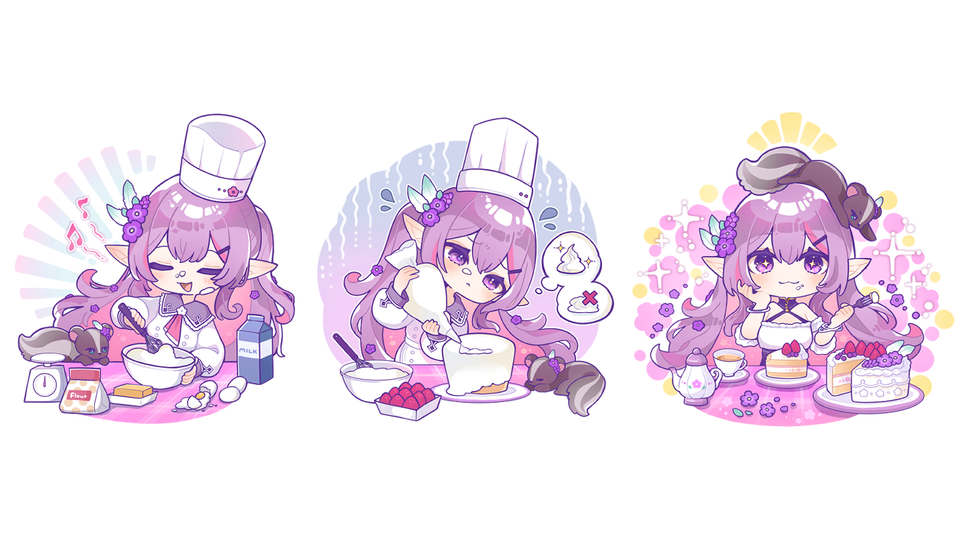 ケーキ作りの物語を表現した挿絵風のミニキャライラスト（深田奈那）